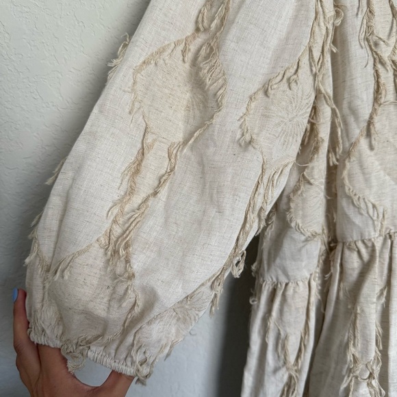 Zara Tan Linen Blend Puff Sleeve Blouse Size S Boho Textured Fringe Rustic - Picture 5 of 9